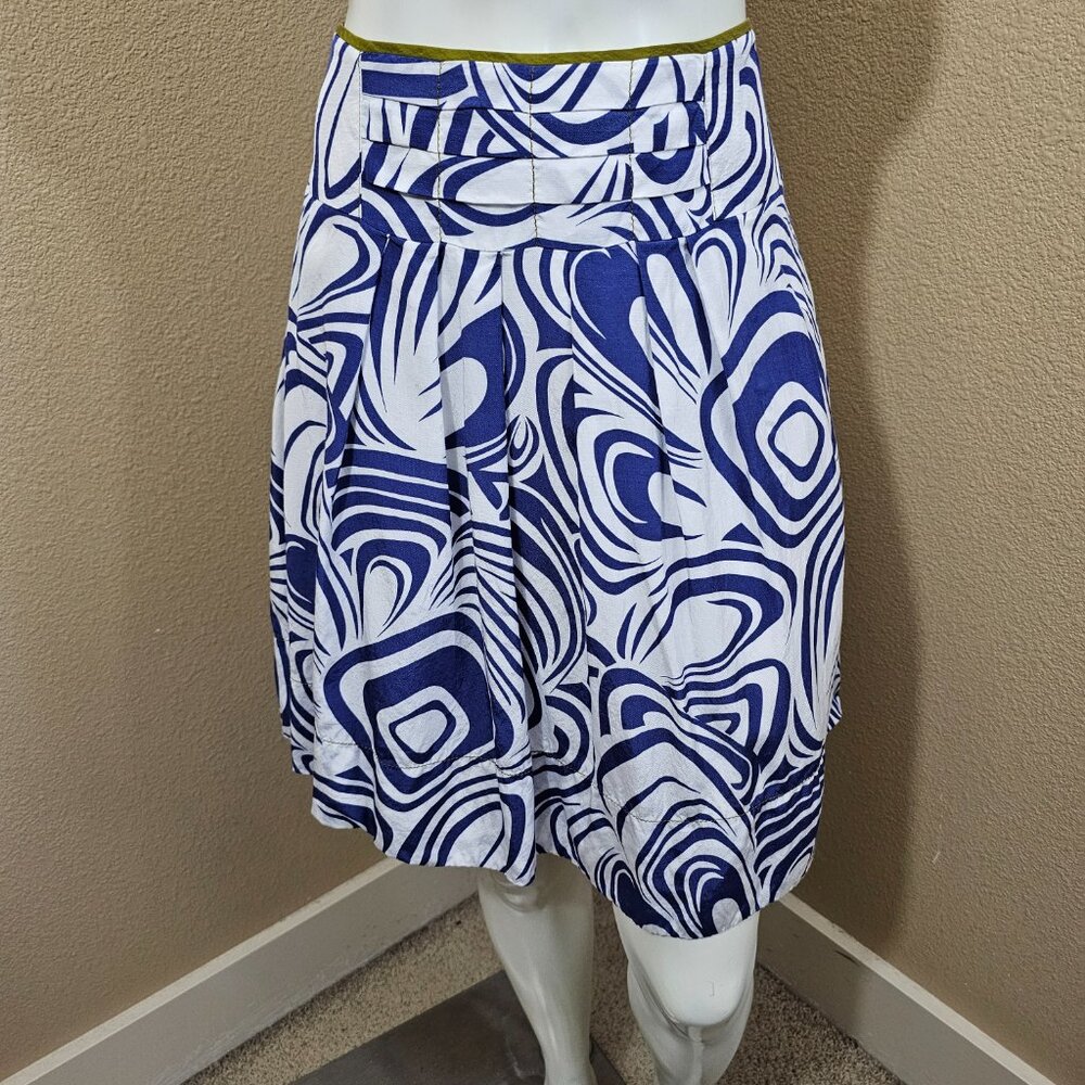 CABI #470 Pleated Rayon/Cotton White/Blue Lombard Swirl A-line Skirt~2
